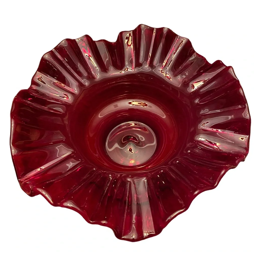 Vintage Fenton Ruby Red Thumbprint Glass Compote Ruffled Candy Dish